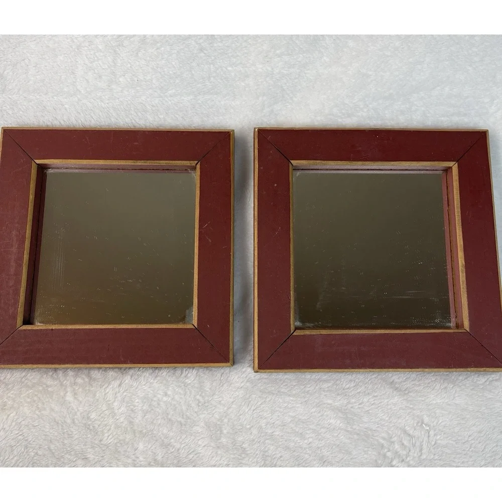 Set of 2 Home Interiors Wood Frame Mirrors 6x6 Rustic Farmhouse Decor
